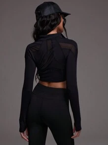 Musera Sport Top corto con cremallera, manga larga y panel de malla, para pádel, tenis, pickleball, gimnasio y fitness - Negro - Ver 3