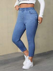 SHEIN ICON Celana Jeans Denim Kasual Slim Fit dengan Kantong Sederhana Ukuran Plus - Medium Wash - View 3
