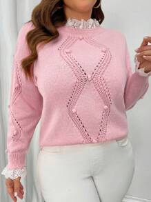 SHEIN Clasi Celure Plus Size Women Pink Pompom Lace Trim Elegant Casual Sweater Pullover, Winter Knit Pullover Fall,Long-Sleeved, Women's Pullover, Elegant, Casual, Christmas, Red, Party,Winter,Summer,Spring/Fall Valentine's Day - Pink - View 5
