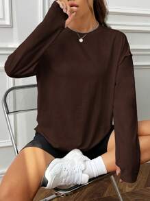SHEIN EZwear Women's Solid Color Round Neck Long Sleeve Simple Casual Top - Brown - View 1