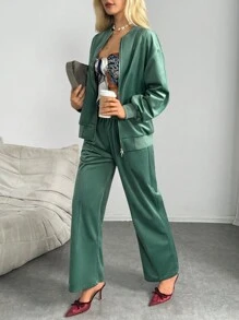 INAWLY 2 件套女士绿色天鹅绒夹克飞行员夹克和运动裤运动套装