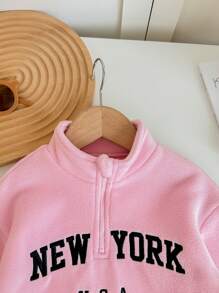 SHEIN Babygirl Cute Versatile Fuzzy Pink Letter Graphic Stand Collar Asymmetrical Hem Sweatshirt, Autumn/Winter - Pink - View 5