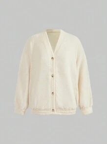 Jouncy Women V-Neck Long Sleeve Button-Up Sweatshirt & Elastic Waist Bodycon Skirt Set, Warm Thermal Lined For Winter - Apricot - View 2