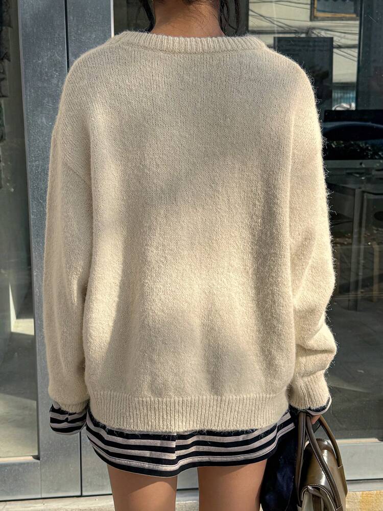 Women Solid Color Round Neck Casual Pullover Sweater, Minimalist Fashion, Suitable For Daily Wear In Autumn/Winter