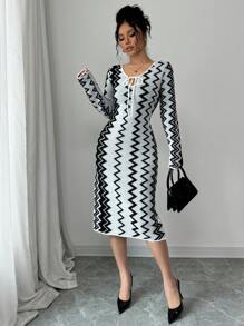 Chiquease Women's Casual Simple Lace-Up Collar All-Over Print Long Sleeve Sweater Dress Fall Cloth For Women