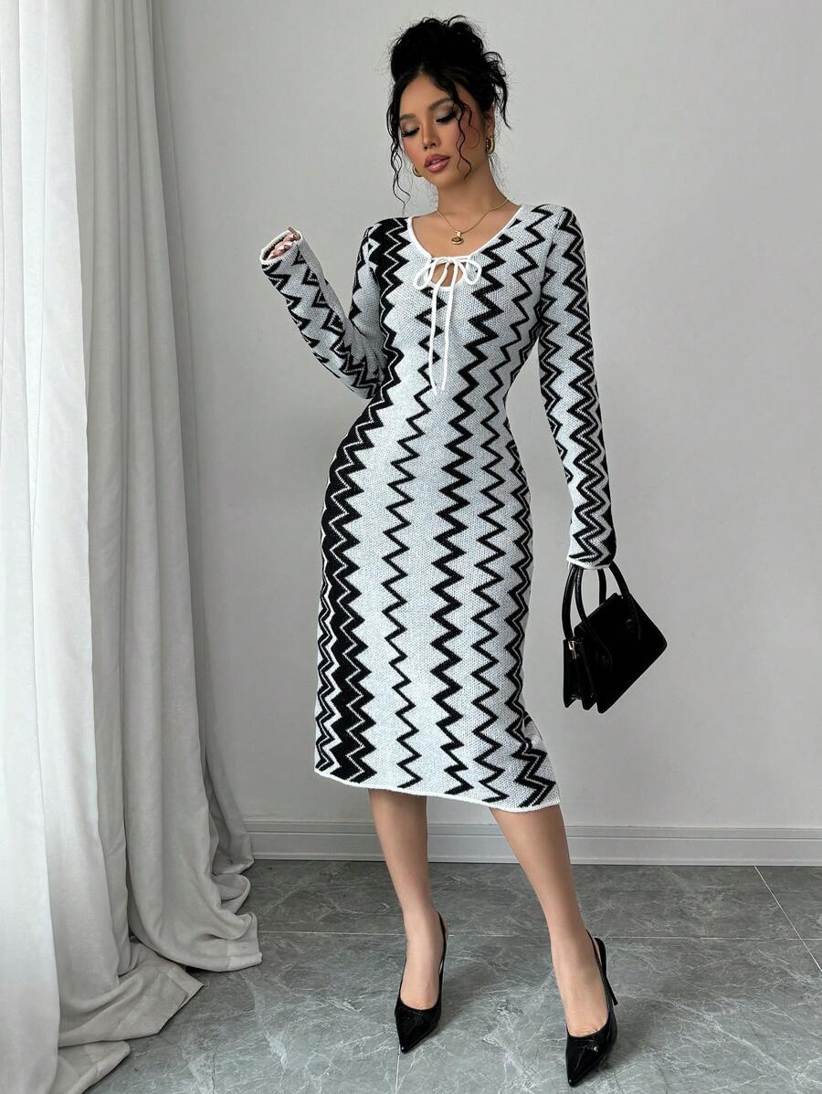 Chiquease Women's Casual Simple Lace-Up Collar All-Over Print Long Sleeve Sweater Dress Fall Cloth For Women