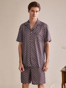 EverLounge Men's Comfy All-Over Print Front Button Shirt And Shorts Pajama Set, Autumn - Red - View 1