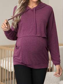 SHEIN Pregnant Women Solid Color Long Sleeve Drawstring Hooded Pocket Breastfeeding Casual T-Shirt - Burgundy - View 4