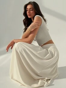 Aloruh New Asymmetrical Pleated A-Line Long Skirt, Plain Apricot Color - Apricot - View 4