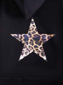 SHEIN Tween Girl Fashionable Leopard & Star Print Hooded Sweatshirt - Black - View 5