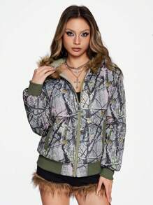 ROMWE Fairycore Vintage Bare Branch & Leaf Print Padded Coat - Green - View 3