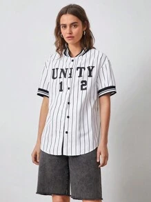 SHEIN EZwear Áo sơ mi sọc in chữ thường ngày dành cho nữ, mùa hè - trắng - Xem 6