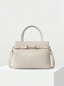 MOTF PREMIUM PU LEATHER COMMUTING WOMEN TOP HANDLE BAG, SOLID COLOR TEXTURE WITH METAL DECOR, BEST MOTHER'S DAY GIFTS WOMEN - Beige - View 1