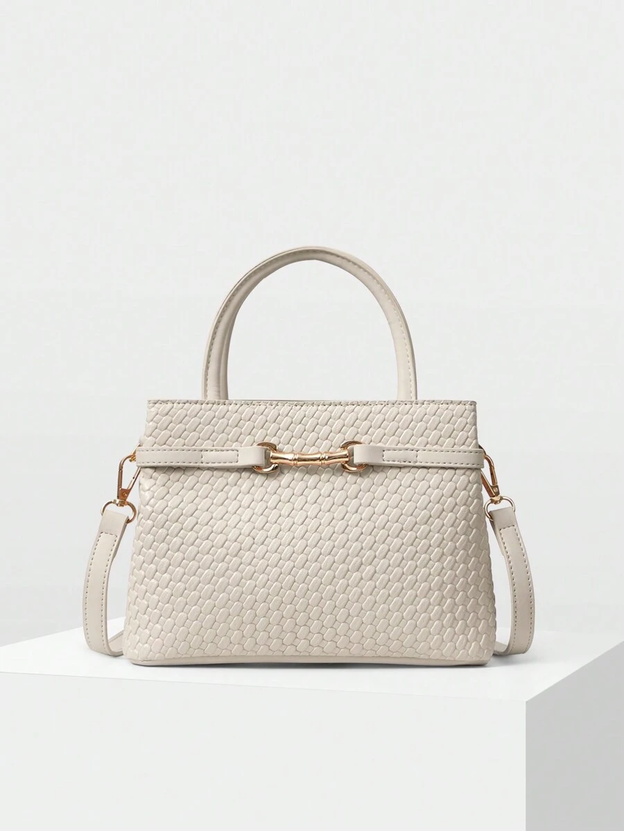 MOTF PREMIUM PU LEATHER COMMUTING WOMEN TOP HANDLE BAG, SOLID COLOR TEXTURE WITH METAL DECOR, BEST MOTHER'S DAY GIFTS WOMEN - Beige - View 1