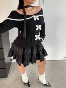 Flirla Große Größen Schleife Dekor Off-Shoulder Kontrast Bindung Figurbetonte Elegant Langarm Pullover Strick Herbst Winter - Schwarz - Übersicht 5