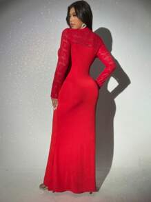 Viva Relle 大码女式派对礼服撞色蕾丝紧身长袖连衣裙新年服装长款女式服装 - 紅色 - 查看 4