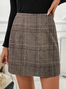 SHEIN Clasi 女士复古格子迷你裙，秋冬 - 咖啡棕 - 查看 3