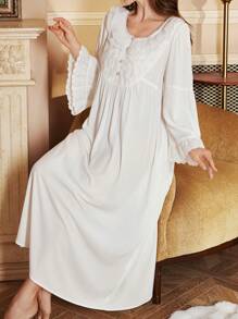 PalaceNights 3D Rose Ruffle Edge Open Front Round Neck Extremely Loose Flare Sleeve Women Nightgown Babydoll Luxe Loungewear, Moo Moo, Fall