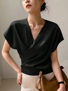 DAZY Blusa casual de negocios sin mangas con cuello en V y resistente a las arrugas para mujer