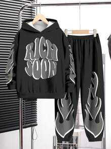 SHEIN Bộ áo nỉ trùm đầu mềm mại rộng rãi với họa tiết ngọn lửa thời trang Rich Soon, phù hợp cho bé trai tuổi teen, mùa thu/đông - Nhiều màu - Xem 3