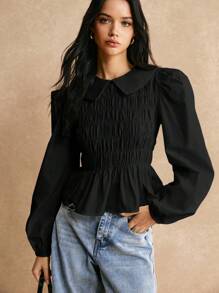 Poéselle 女式纯色彼得潘领荷叶边下摆长袖衬衫