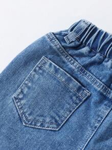 Young Girls Elastic Waist Adjustable Drawstring Relaxed Fit Floral Embroidered Multi-Pocket Denim Straight Leg Pants, Light Blue, School, Campus, College - Medium Wash - View 5