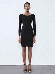 Chiquease Vestido de manga larga, hombros descubiertos, cadena de perlas, elegante, sexy, casual/de oficina, de media longitud, para mujer, de material de punto elástico de unicolor, de primavera/otoño