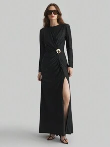 Ontre Long Sleeve Knit Dress, Material, Women's Clothing 2025 New Spring Collection, Black Color V-Neck Long Sleeve High Slit Elegant Sexy Dress, Women's Spring/Summer Clothing, Metal Decor - Black - View 7
