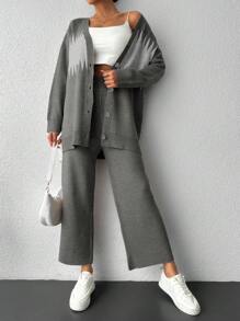 RueChic Women's Contrast Color Knit Sweater And Pants Set With Buttons - Grey - View 1