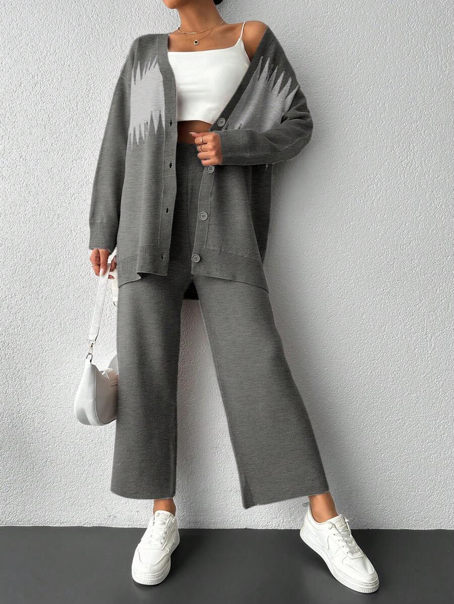 RueChic Women's Contrast Color Knit Sweater And Pants Set With Buttons - Grey - View 1