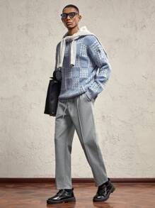 AKNOTIC Business Casual Men's Loose Fit Plaid Pattern Knitted Open Front Cardigan, Suitable For Autumn & Winter