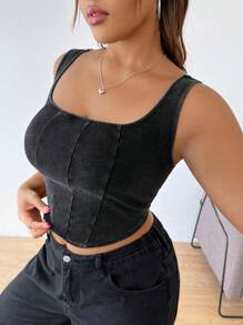 SHEIN EZwear Top corto sin mangas con diseño de patchwork para tallas grandes, informal y versátil - Negro - Ver 1