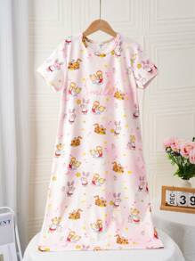 SHEIN Tween Girls' Cute Rabbit & Tiger Animal Print Short Sleeve Nightgown - White - View 1