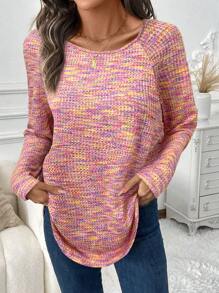 SHEIN LUNE T-shirt rose à manches longues et col rond basique pour femmes, automne/hiver