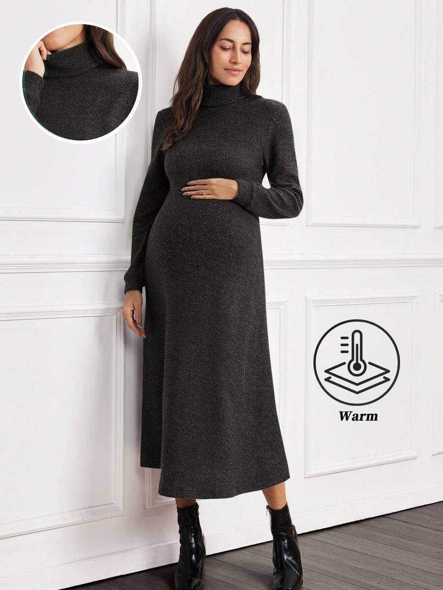 SHEIN 孕妇高领落肩鱼尾下摆连衣裙，优雅适合婚礼、正式活动、办公室穿着、秋季 - 黑色 - 查看 1