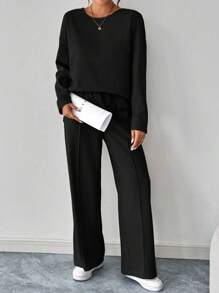 SHEIN LUNE 2pcs/Set 25+ Casual Sports Textured Sweatshirt And Pants Set - Black - View 5