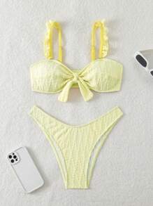 2 件套夏季女士纯色纹理面料比基尼上衣和高腰下装 - 黃色 - 查看 1