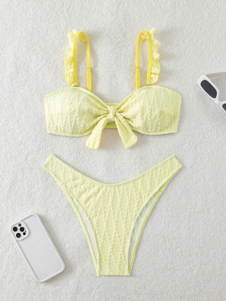 2 件套夏季女士纯色纹理面料比基尼上衣和高腰下装 - 黃色 - 查看 1