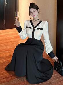 DAZY Vestido de mujer con cuello en V, recorte de color block y largo hasta la pantorrilla, vestido de manga larga para otoño