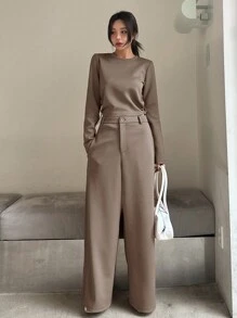 DAZY Solid Color Round Neck Cropped Sweatshirt And Wide Leg Pants 2 Pieces Set For Women,Fall Clothes - Brown - View 6
