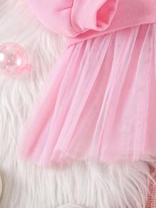 SHEIN Young Girls Elegant Pink Long Sleeve Top & Pants Tulle Suit, Cute For Girls, Autumn/Winter - Pink - View 3