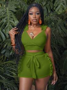 Slaydiva Vacation Ruffle Strap Cropped Tight Crop Top And Waist Tie Side Ruffle Hem Tight Shorts Co-Ord Set - Olive Green - View 4