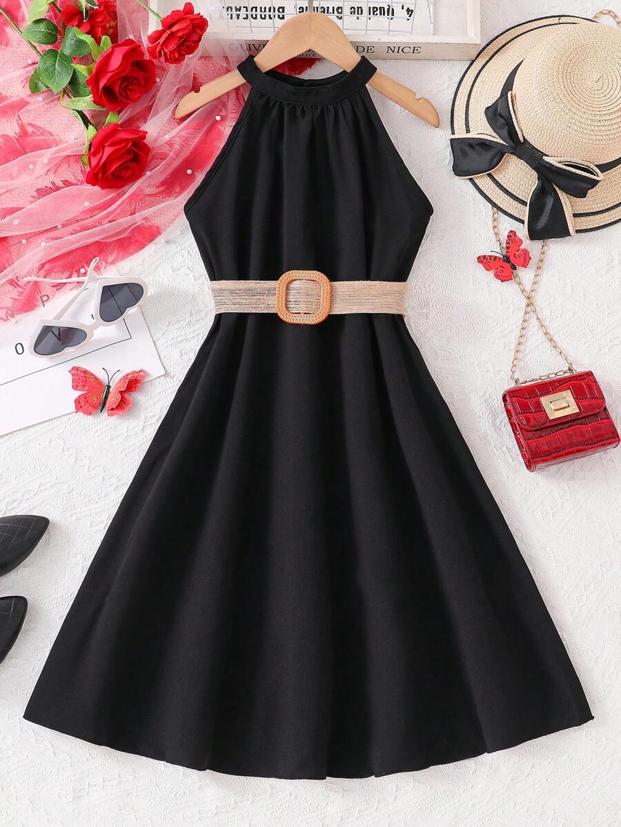 Tween Girl Solid Belted Halter Dress - Black - View 1