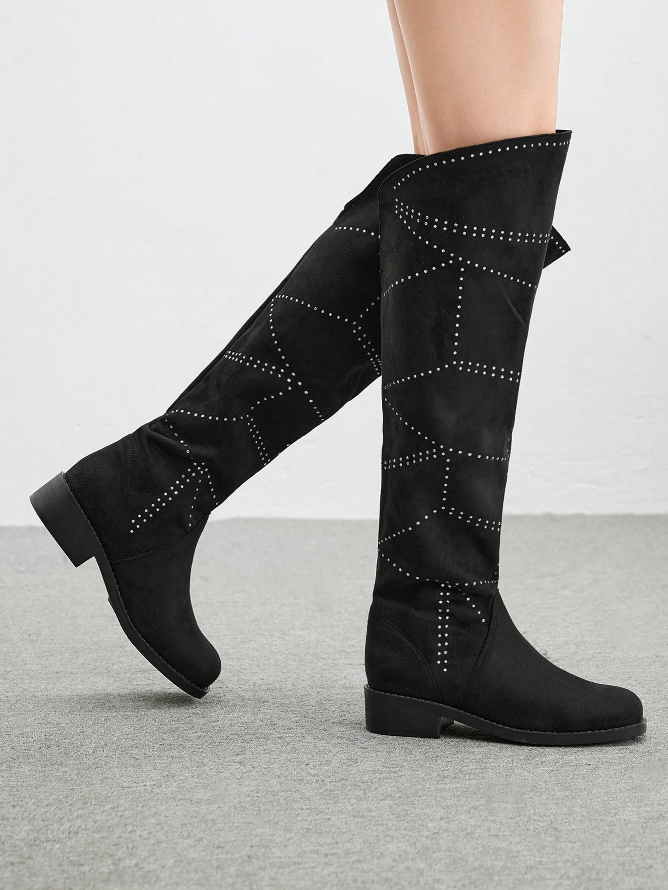 CUCCOO BIZCHIC 여성용 블랙 벨벳 라인스톤 장식 허벅지 하이부츠