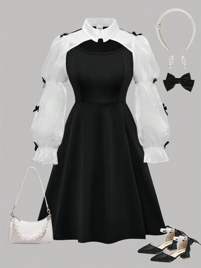 Sparklyn Vestido ajustado de línea A con mangas abullonadas, estilo elegante de señora para niñas preadolescentes, vestido negro y blanco para otoño e invierno