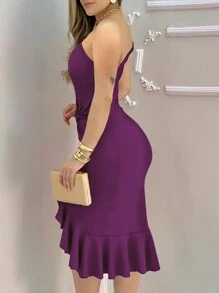 EMERY ROSE Ladies' Solid Color One Shoulder Waist Buttons Ruffle Hem Split Hem Elegant Dress Maxi Women Outfit - Purple - View 4