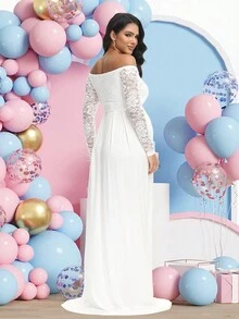 Schwangerschaftskleid im Maxilänge mit Spitze V-Ausschnitt und Langarm für Fotoshooting, Babyparty - Weiss - Übersicht 2