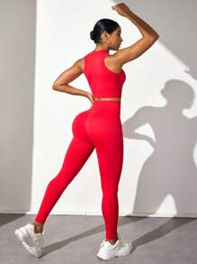 Core Rhythm Conjunto deportivo de top sin mangas de cuello redondo y pantalones largos de unicolor sin costuras para Año Nuevo Chino - Rojo - Ver 7