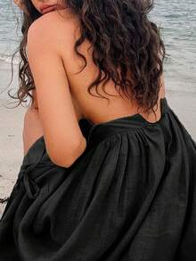 Đầm hai dây màu trơn hở lưng thanh lịch cổ chữ V - màu đen - Xem 2