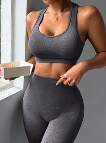 Slayform 女士无袖简约短款上衣和长裤休闲运动套装健身套装女士健身套装女士紧身裤套装 - 深灰色 - 查看 6
